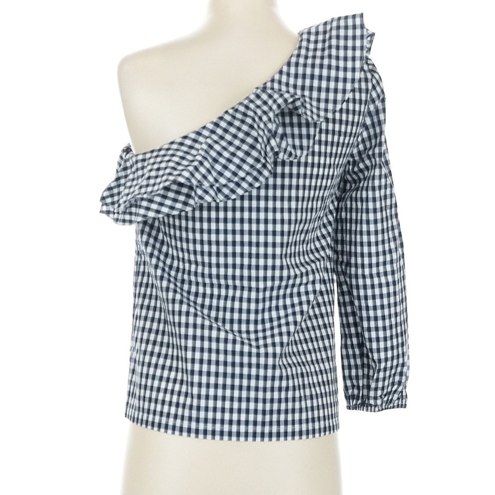 J.Crew One Shoulder Ruffle Top Gingham Navy White Size 0 NWT Summer Date Night - Picture 3 of 6